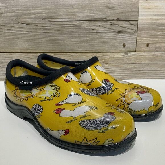 SLOGGERS Women’s Garden Shoes Yellow Chickens & Suns Print Waterproof Size 7 - Picture 1 of 8
